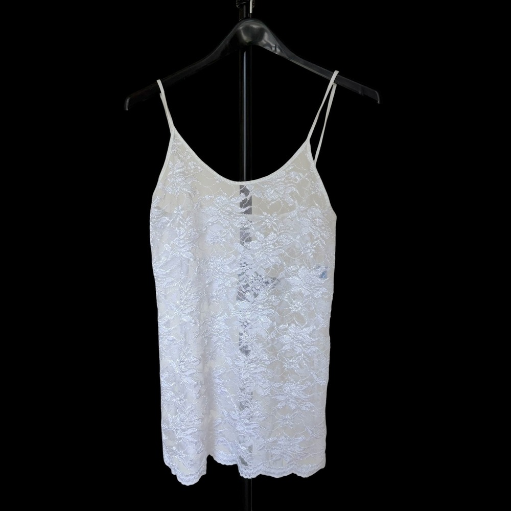 60's Lady Cameo Dallas White Floral Coquette Lace Cami Top Sheer Med‎